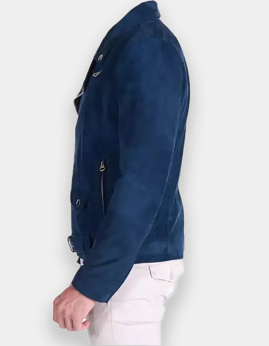 Men's Blue Suede Leather Jacket 100% Pure Suede Soft Leather Moto Biker Jacket
